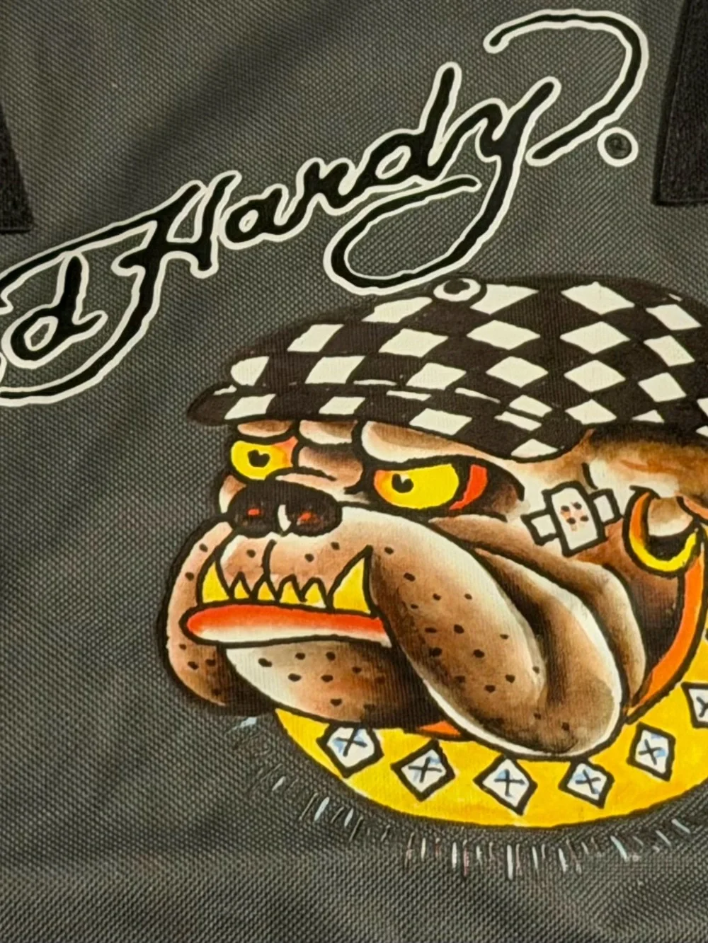 Ed Hardy Gray Duffel Bag with Colorful Bulldog Graphic